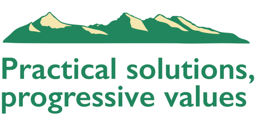 "Practical solutions, progressive values" tagline under a mountain logo