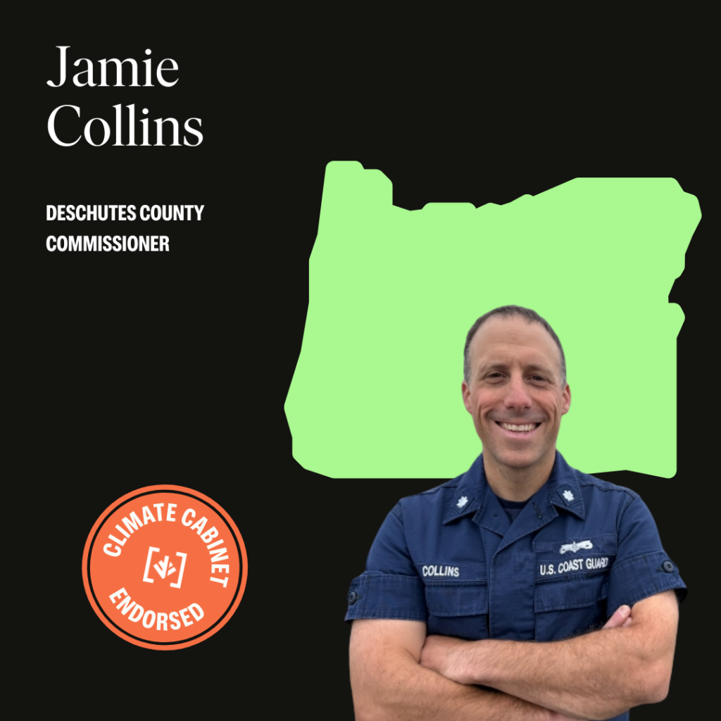Climate Cabinet endorsement graphic with a picture of Jamie, standing in front of a silhouette of the state of Oregon