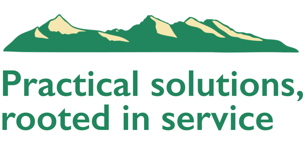 "Practical solutions, rooted in service" tagline under a mountain logo